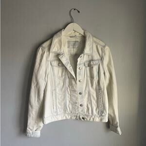 Loft Bleached White Denim Jacket Festival Boho Preppy size Small Coastal Beachy